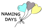 Naming Days logo, words Naming Days with blue, grey and yellow heart shaped balloons tied with string to the right.